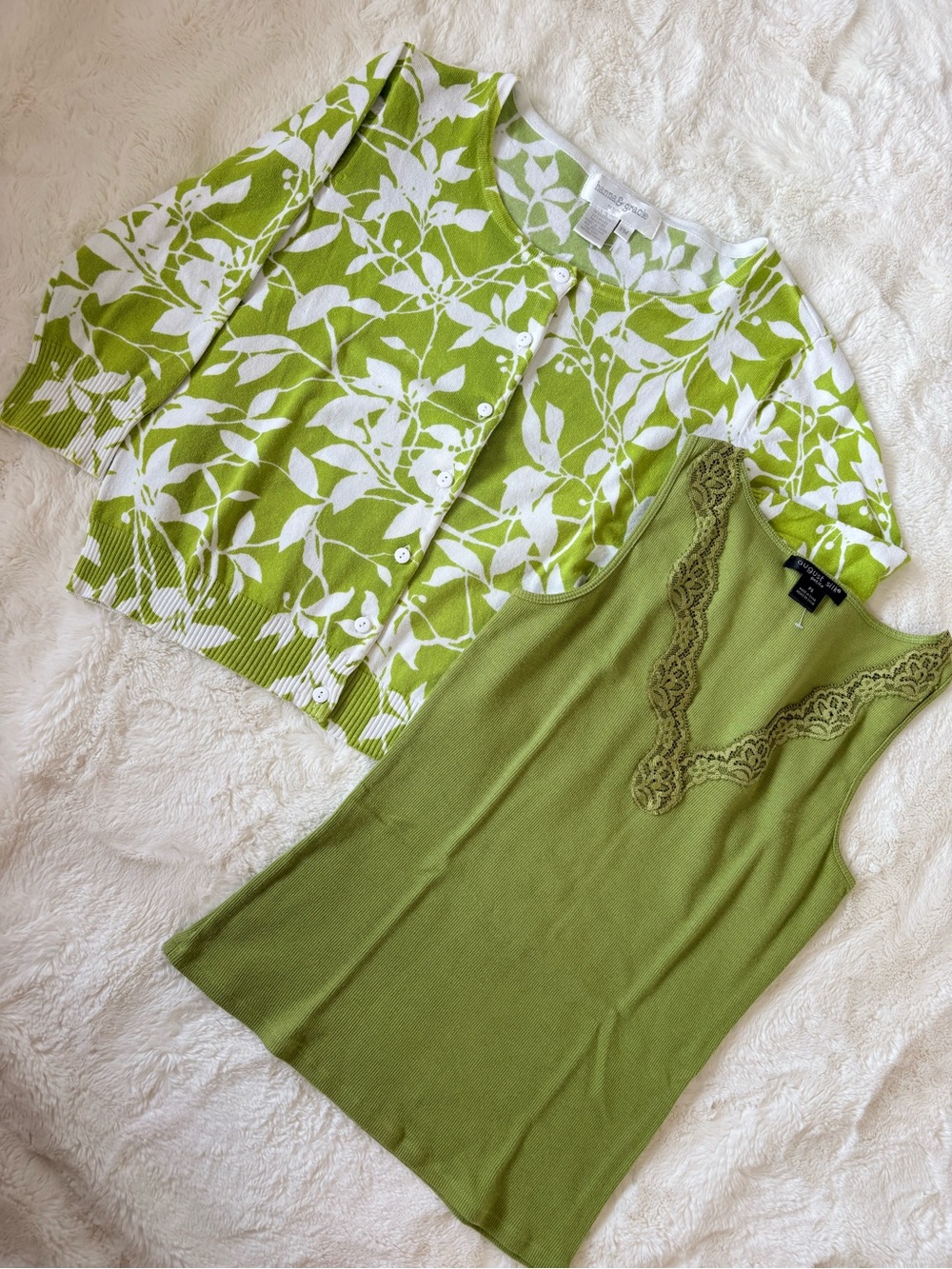 NEW august silk Lace-Trim Tank & White-Green Floral Cardigan Set